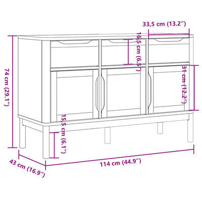 vidaXL Sideboard FLORO White 114x43x74 cm Solid Wood Pine