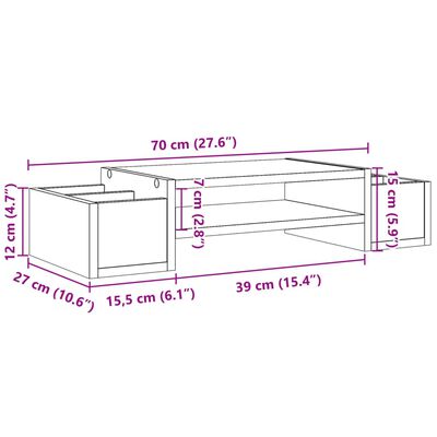 vidaXL Monitor Stand with Storage Smoked Oak 70x27x15 cm Engineered Wood