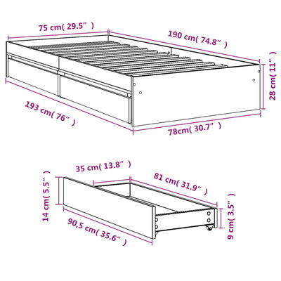 vidaXL Bed Frame with Drawers without Mattress Black 75x190 cm Small Single