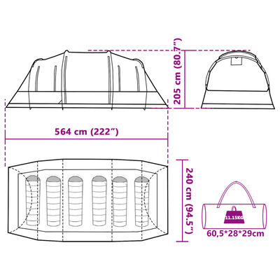 vidaXL Family Tent Tunnel 6-Person Grey Waterproof