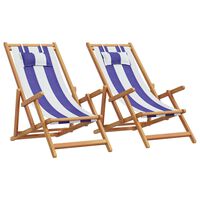 vidaXL Folding Beach Chairs 2 pcs Blue and White Fabric and Solid Wood