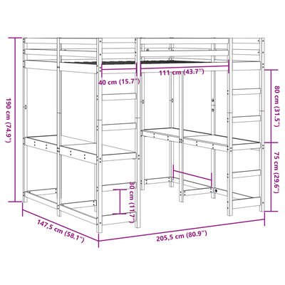 vidaXL Loft Bed with Desk and Ladder 140x200 cm Solid Wood Pine