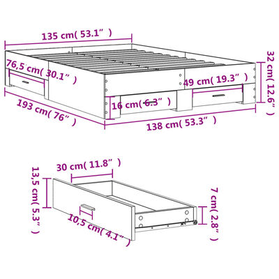 vidaXL Bed Frame with Drawers without Mattress Black 135x190 cm Double