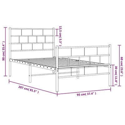 vidaXL Metal Bed Frame without Mattress with Footboard White 90x200 cm