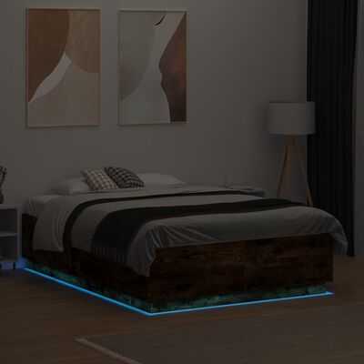 vidaXL Bed Frame with LED without Mattress Smoked Oak 140x190 cm