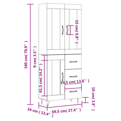 vidaXL Highboard Black 69.5x34x180 cm Engineered Wood