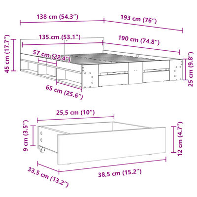 vidaXL Bed Frame with Drawers without Mattress Sonoma Oak 135x190 cm Double