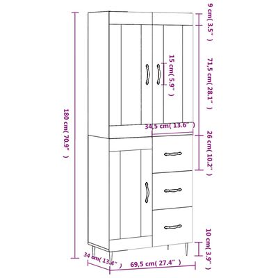 vidaXL Highboard White 69.5x34x180 cm Engineered Wood