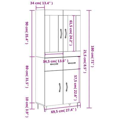 vidaXL Highboard White 69.5x34x180 cm Engineered Wood