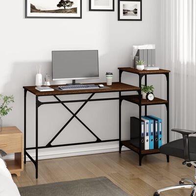 vidaXL Desk with Shelves Brown Oak 135x50x90 cm Engineered Wood&Iron