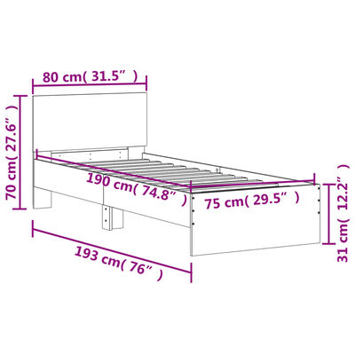 vidaXL Bed Frame without Mattress with LED Lights Grey Sonoma 75x190 cm Small Single