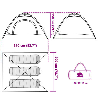 vidaXL Camping Tent 3-Person Grey and Orange Quick Release