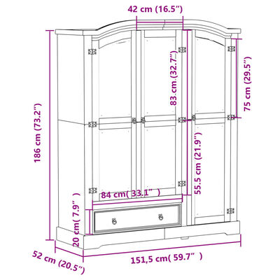 vidaXL Wardrobe Corona White 151.5x52x186 cm Solid Wood Pine