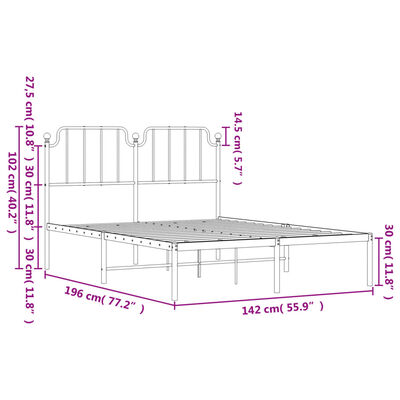 vidaXL Metal Bed Frame without Mattress with Headboard White 135x190 cm Double