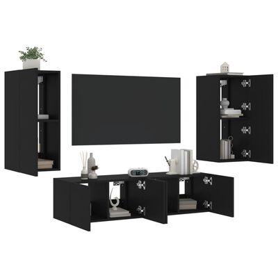 vidaXL 4 Piece TV Wall Units with LED Black Engineered Wood