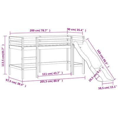 vidaXL Kids' Loft Bed with Tower without Mattress Blue 90x200 cm