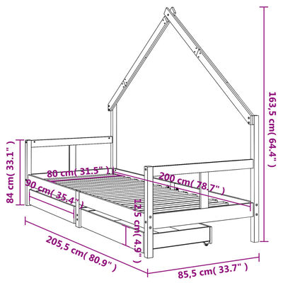 vidaXL Kids Bed Frame with Drawers Black 80x200 cm Solid Wood Pine