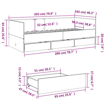 vidaXL Daybed with Drawers without Mattress Grey Sonoma 100x200 cm