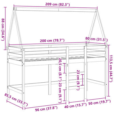 vidaXL Loft Bed with Ladder and Roof without Mattress White 80x200 cm