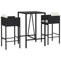 vidaXL 3 Piece Garden Bar Set with Cushions Black Poly Rattan