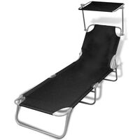 vidaXL Folding Sun Lounger with Canopy Steel and Fabric Black