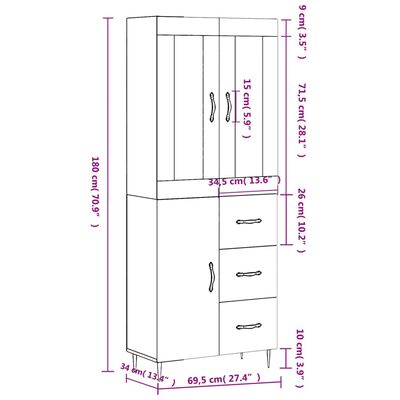 vidaXL Highboard Grey Sonoma 69.5x34x180 cm Engineered Wood