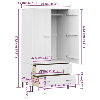 vidaXL Wardrobe with Metal Legs White 90x55x172.5 cm Solid Wood OSLO