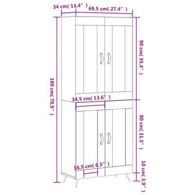 vidaXL Highboard White 69.5x34x180 cm Engineered Wood