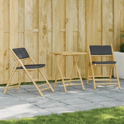 vidaXL 3 Piece Folding Bistro set with Dark Grey Cushions Bamboo