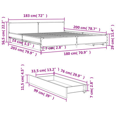 vidaXL Bed Frame with Drawers without Mattress Black 180x200 cm Super King