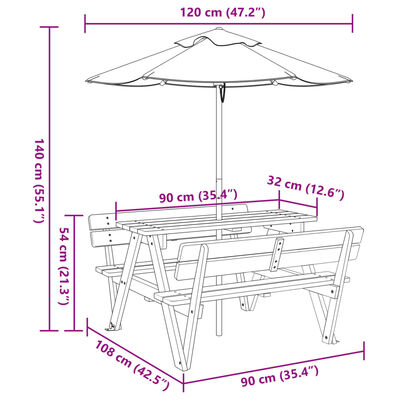 vidaXL Picnic Table for 4 Kids with Umbrella Solid Wood Fir