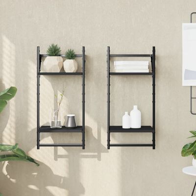 vidaXL 2-Tier Wall Shelves with Bars 2 pcs Black 30x25x65 cm