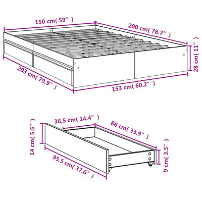 vidaXL Bed Frame with Drawers without Mattress Smoked Oak 150x200 cm King Size