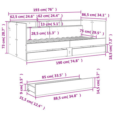 vidaXL Daybed with Drawers without Mattress Sonoma Oak 75x190 cm Small Single