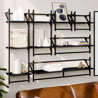 vidaXL 6 Piece Wall Shelf Set with Bars Black Engineered Wood