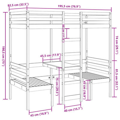 vidaXL Loft Bed Frame with Desk and Chairs 75x190cm Solid Wood Pine