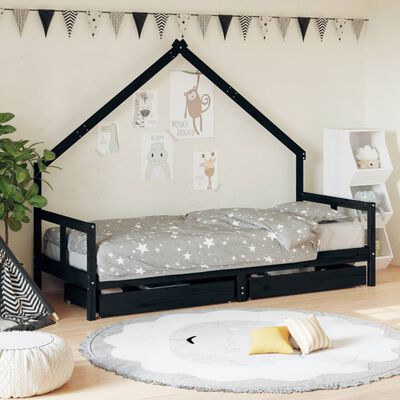 vidaXL Kids Bed Frame with Drawers Black 80x200 cm Solid Wood Pine