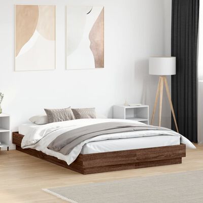 vidaXL Bed Frame with LED Lights Brown Oak 135x190 cm Double