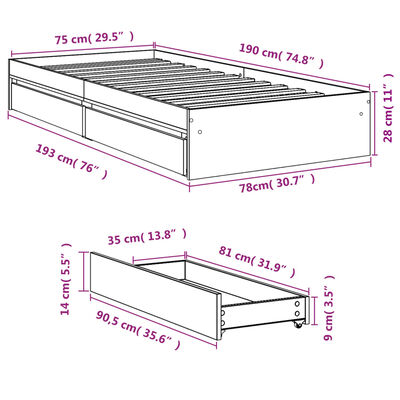 vidaXL Bed Frame with Drawers without Mattress Sonoma Oak 75x190 cm Small Single