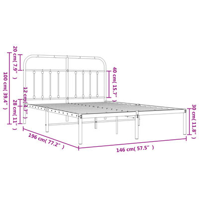 vidaXL Metal Bed Frame without Mattress with Headboard Black 140x190 cm