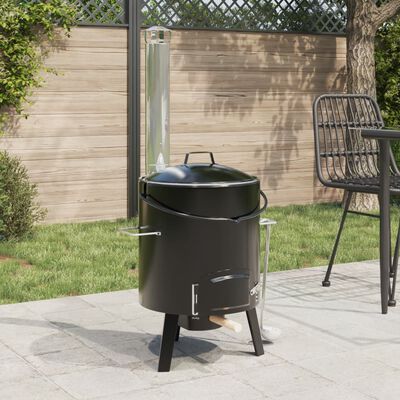 vidaXL Goulash Cannon with Chimney and Lid Black Enamelled Steel