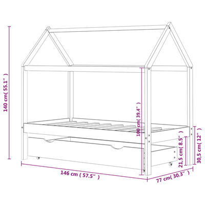 vidaXL Kids Bed Frame with a Drawer White Solid Pine Wood 70x140 cm