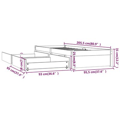 vidaXL Bed Frame without Mattress with Drawers Honey Brown 90x200 cm (814937+814987)