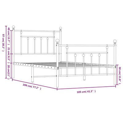 vidaXL Metal Bed Frame without Mattress with Footboard White 100x190 cm