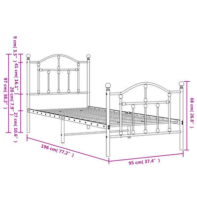 vidaXL Metal Bed Frame without Mattress with Footboard Black 90x190 cm Single