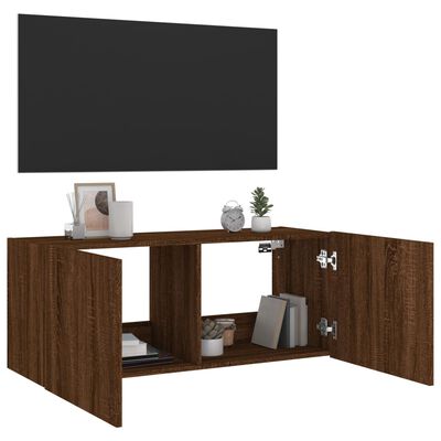 vidaXL TV Wall Cabinet with LED Lights Brown Oak 100x35x41 cm