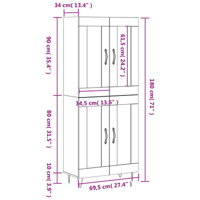 vidaXL Highboard High Gloss White 69.5x34x180 cm Engineered Wood