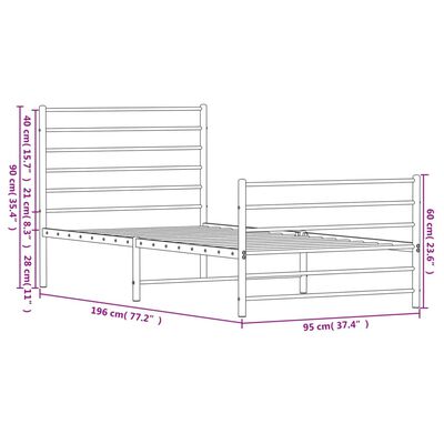 vidaXL Metal Bed Frame without Mattress with Footboard White 90x190 cm Single