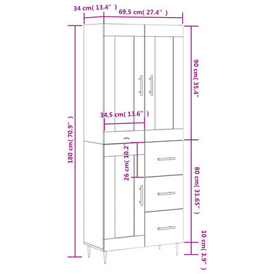 vidaXL Highboard Concrete Grey 69.5x34x180 cm Engineered Wood