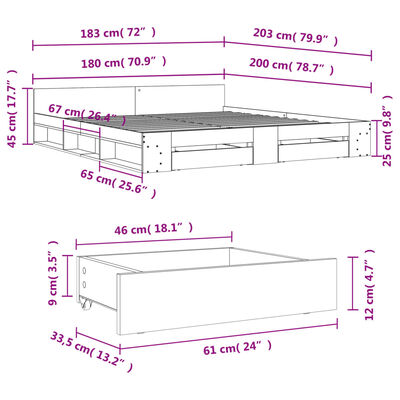 vidaXL Bed Frame with Drawers without Mattress Grey Sonoma 180x200 cm Super King